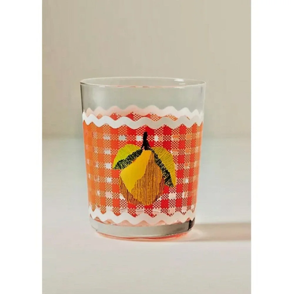Anthropologie Ischia Gingham Fruit Juice Drinking Glass Set 2 New Orange Pear‎